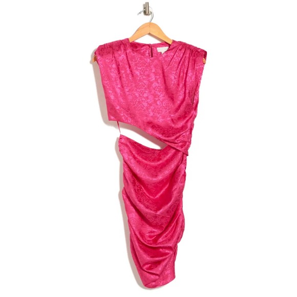 NWT Ronny Kobo Kyle Hot Pink Asymmetric Cutout Ruched Mini Dress - Picture 2 of 6